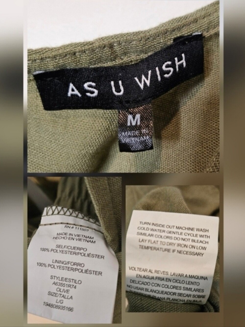 As U Wish Juniors Army Olive Green One Piece Cargo Lounge Jogger Jumpsuit Size M - Picture 10 of 11